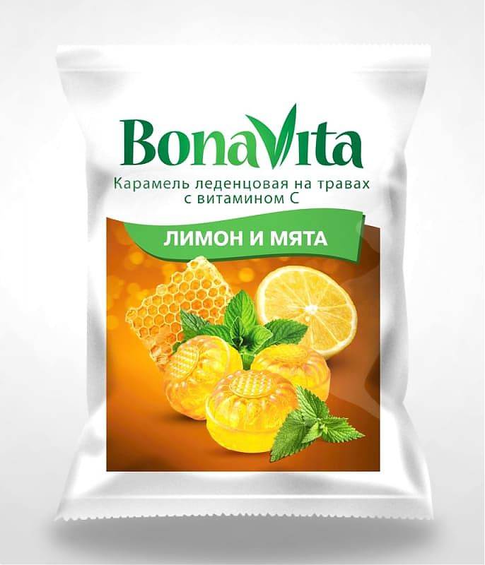 Карамель леденцовая Bona Vita "Лимон и мята" с витамином С на травах - 60гр